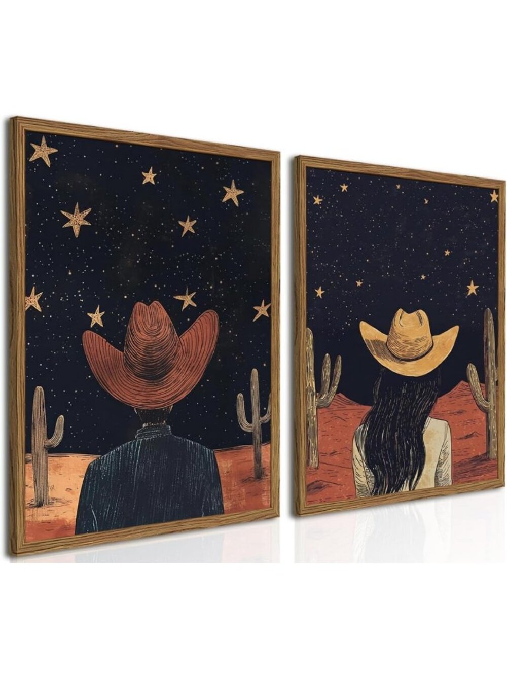 Boho Western Wall Art Set of 2 - Vintage Cactus & Starry Sky Decor, Rustic
